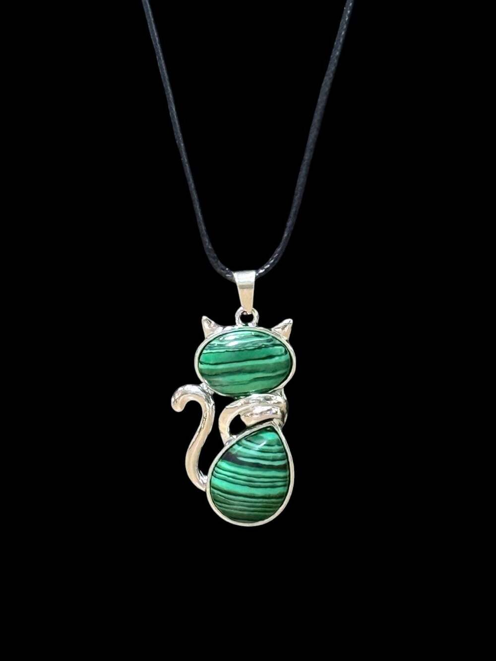 Malachite Crystal Cat Pendant Black Cord Necklace